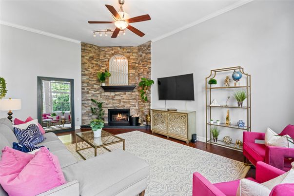 Fireplace, Interior, Living room, Stone Walls, Wood Texture Flooring