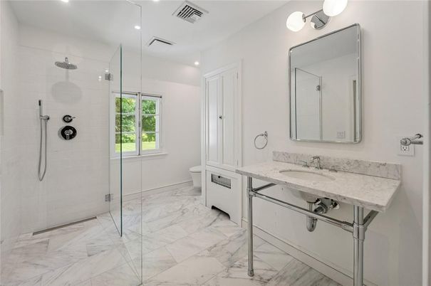 Bathroom, Dual Sink Vanities, Glass Shower, Interior, Marble, Recessed Lighting