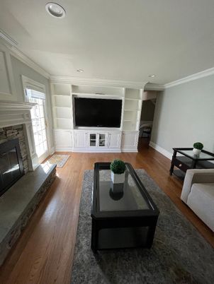 Fireplace, Interior, Living room, Recessed Lighting, Wood Texture Flooring