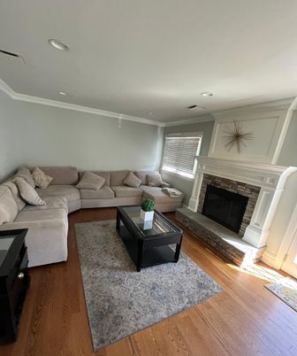 Fireplace, Interior, Living room, Recessed Lighting, Wood Texture Flooring