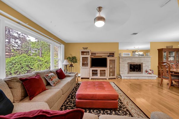 Dining room, Fireplace, Interior, Living room, Wood Texture Flooring