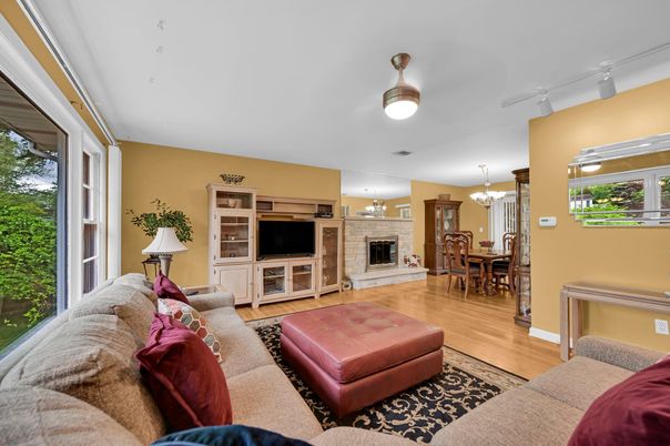 Chandelier, Dining room, Fireplace, Interior, Living room, Wood Texture Flooring