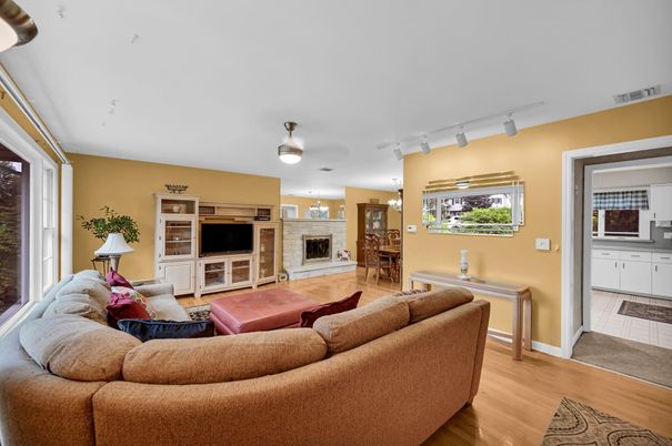 Dining room, Fireplace, Interior, Living room, Wood Texture Flooring