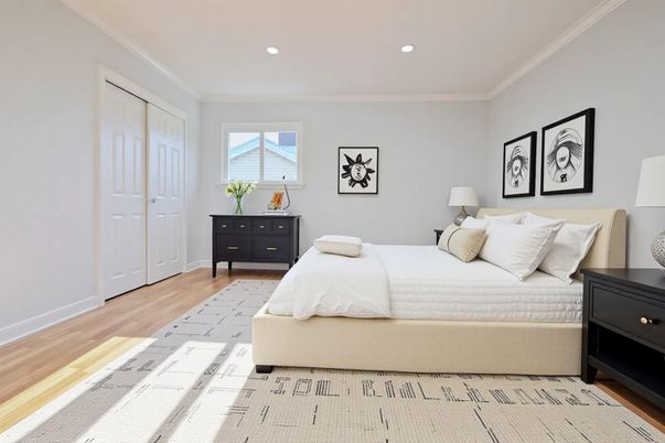Bedroom, Interior, Recessed Lighting, Wood Texture Flooring