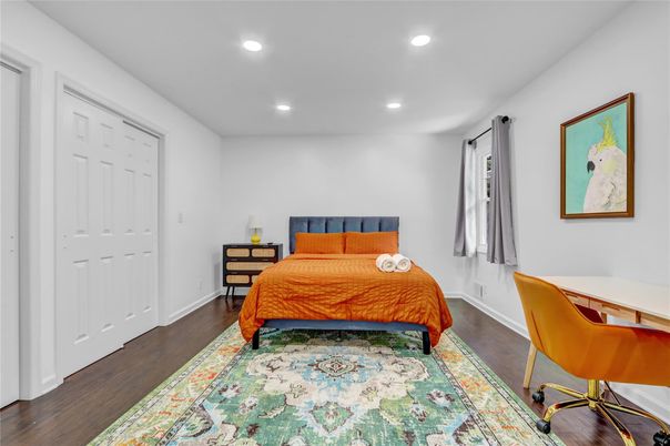 Bedroom, Interior, Recessed Lighting, Wood Texture Flooring