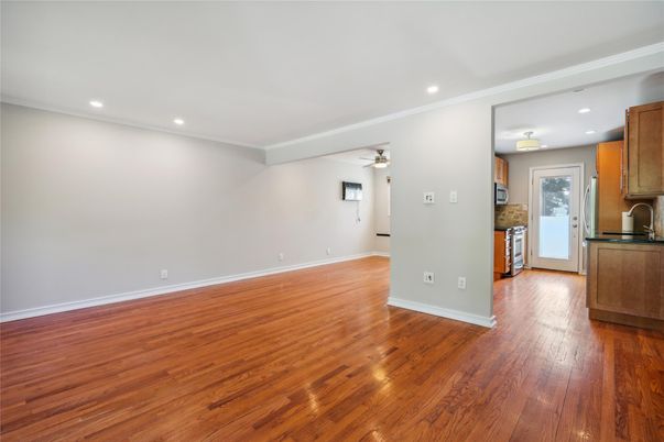 Empty room, Interior, Kitchen, Recessed Lighting, Wood Texture Flooring