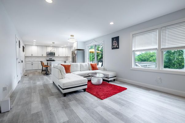 Interior, Kitchen, Living room, Recessed Lighting, Stainless Steel Appliances, Wood Texture Flooring
