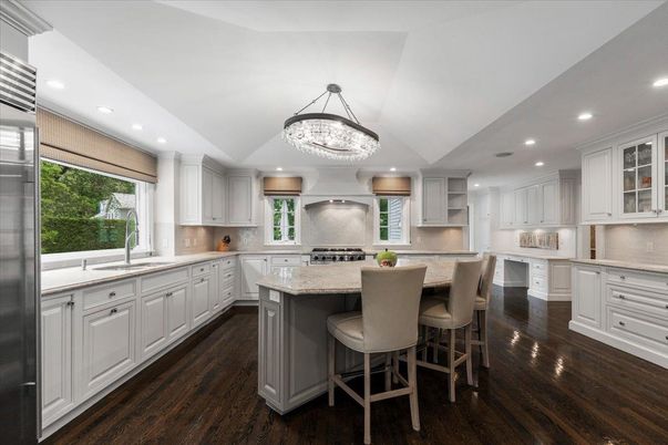 Chandelier, Interior, Kitchen, Recessed Lighting, Stainless Steel Appliances, Wood Texture Flooring