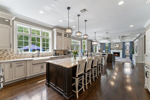 Dining room, Fireplace, Interior, Kitchen, Pendant Lights, Recessed Lighting, Wood Texture Flooring