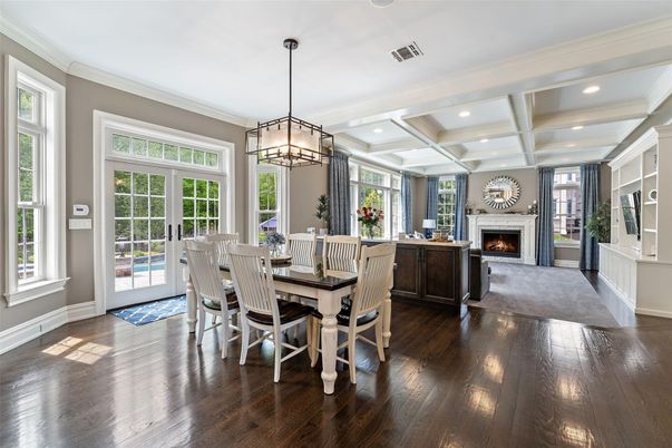 Chandelier, Dining room, Fireplace, Interior, Pendant Lights, Recessed Lighting, Wood Texture Flooring