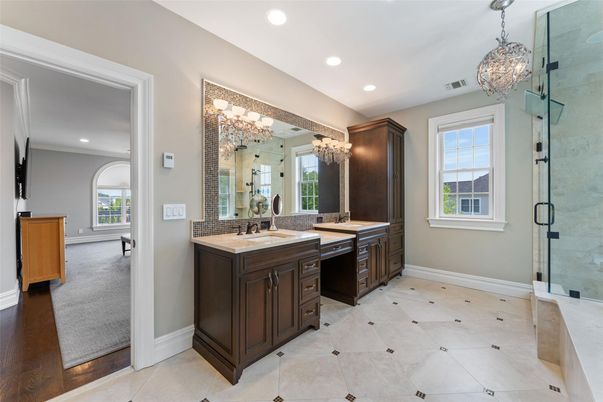 Bathroom, Chandelier, Dual Sink Vanities, Glass Shower, Interior, Recessed Lighting