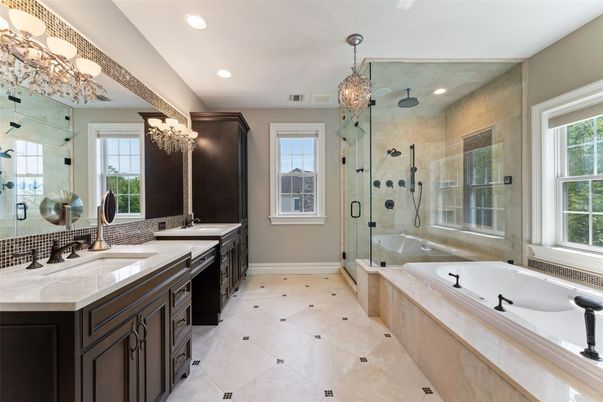 Bathroom, Dual Sink Vanities, Glass Shower, Interior, Recessed Lighting