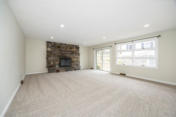 Empty room, Fireplace, Interior, Recessed Lighting, Stone Walls