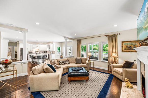 Dining room, Fireplace, Interior, Kitchen, Living room, Pendant Lights, Recessed Lighting, Wood Texture Flooring