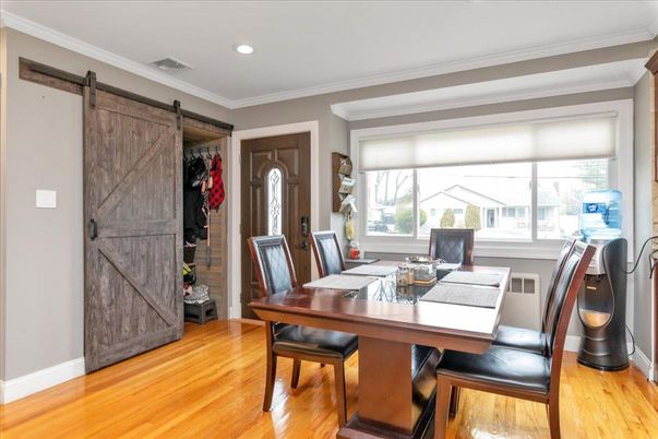 Dining room, Interior, Recessed Lighting, Wood Texture Flooring