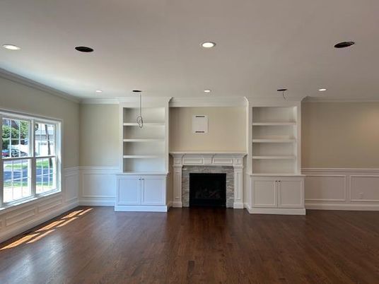 Empty room, Fireplace, Interior, Pendant Lights, Recessed Lighting, Wood Texture Flooring