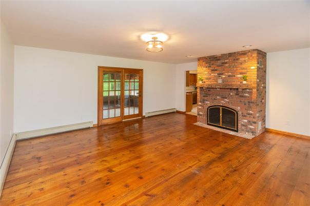 Empty room, Fireplace, Interior, Stone Walls, Wood Texture Flooring