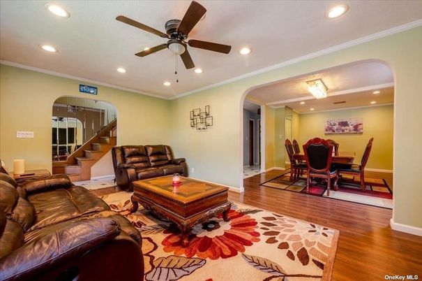 Dining room, Interior, Living room, Recessed Lighting, Wood Texture Flooring