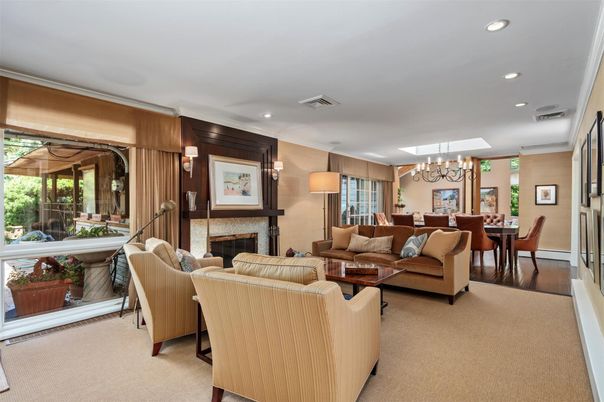 Chandelier, Dining room, Fireplace, Interior, Living room, Recessed Lighting