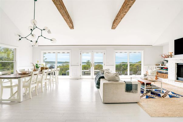 Dining room, Fireplace, Interior, Living room, Pendant Lights, Wooden Beams, Wood Texture Flooring