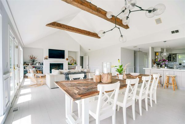 Dining room, Fireplace, Interior, Living room, Pendant Lights, Wooden Beams, Wood Texture Flooring