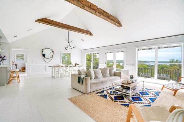 Dining room, Interior, Living room, Pendant Lights, Wooden Beams, Wood Texture Flooring