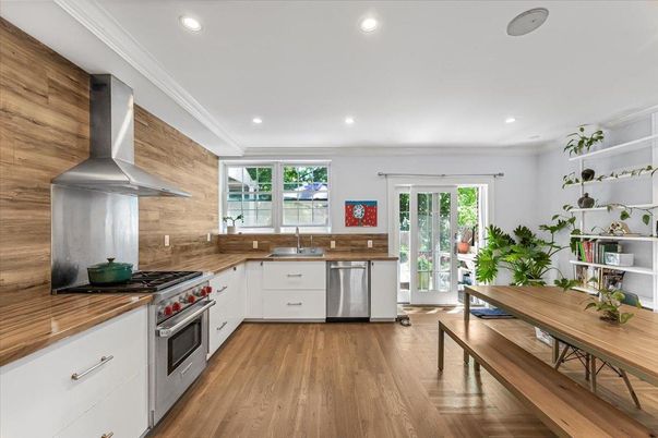 Interior, Kitchen, Recessed Lighting, Stainless Steel Appliances, Wood Texture Flooring