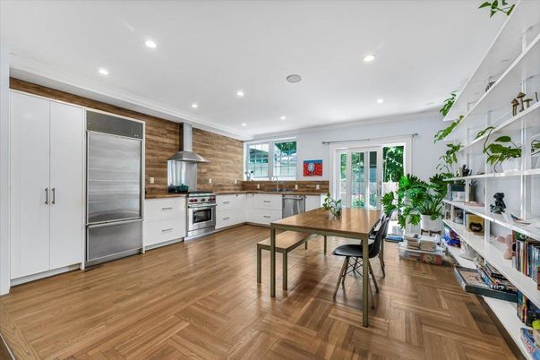 Dining room, Interior, Kitchen, Recessed Lighting, Stainless Steel Appliances, Wood Texture Flooring