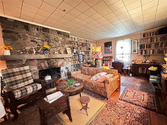 Fireplace, Interior, Living room, Stone Walls, Wood Texture Flooring
