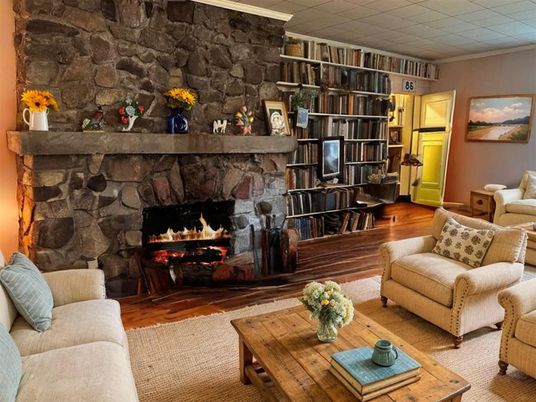 Fireplace, Interior, Living room, Stone Walls, Wood Texture Flooring
