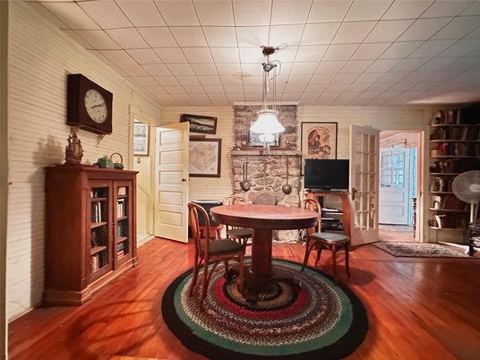 Dining room, Interior, Pendant Lights, Wood Texture Flooring