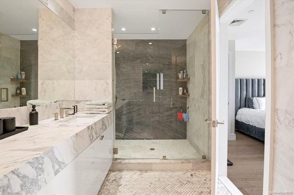 Bathroom, Bedroom, Glass Shower, Interior, Marble, Marble Walls, Recessed Lighting, Wood Texture Flooring
