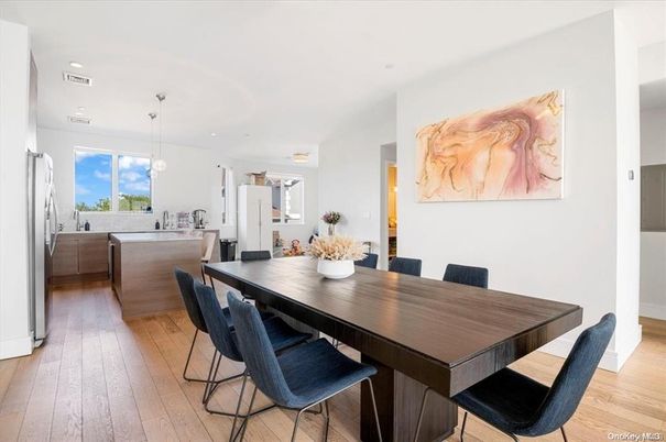 Dining room, Interior, Kitchen, Pendant Lights, Recessed Lighting, Wood Texture Flooring
