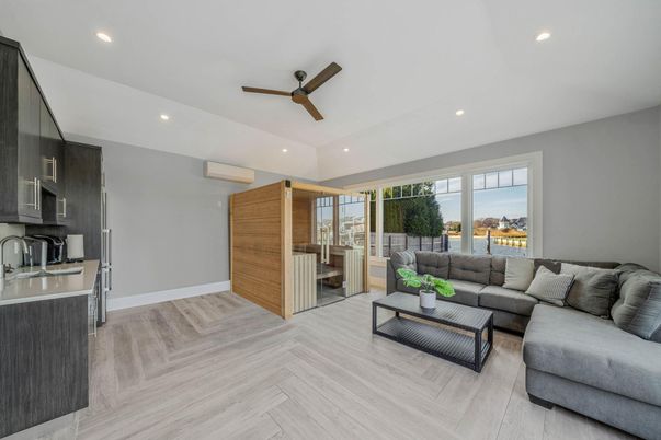 Interior, Kitchen, Living room, Recessed Lighting, Water, Wood Texture Flooring