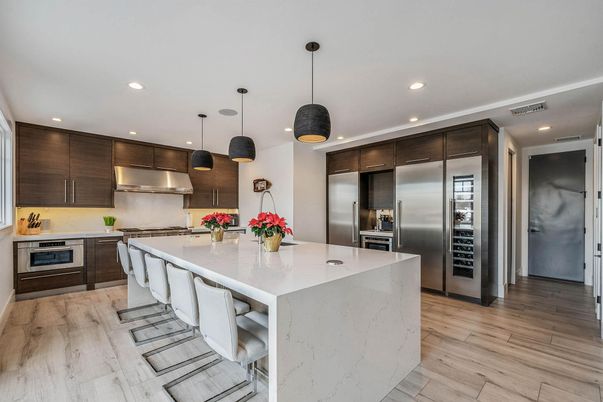 Interior, Kitchen, Pendant Lights, Recessed Lighting, Stainless Steel Appliances, Wood Texture Flooring