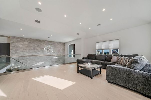 Interior, Living room, Pendant Lights, Recessed Lighting, Stone Walls, Wood Texture Flooring
