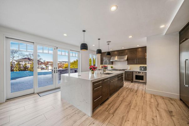 Interior, Kitchen, Pendant Lights, Recessed Lighting, Stainless Steel Appliances, Wood Texture Flooring