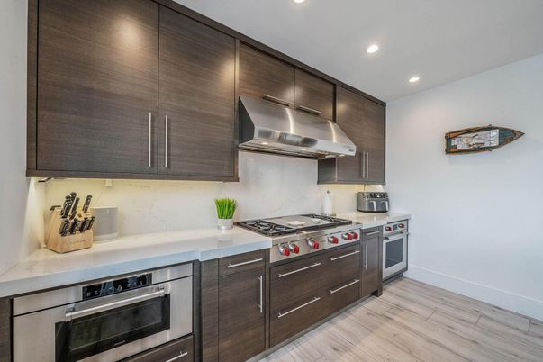 Interior, Kitchen, Recessed Lighting, Stainless Steel Appliances, Wood Texture Flooring