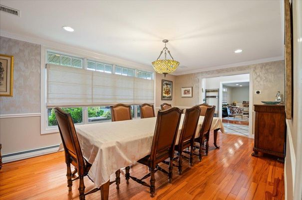 Dining room, Interior, Recessed Lighting, Wood Texture Flooring