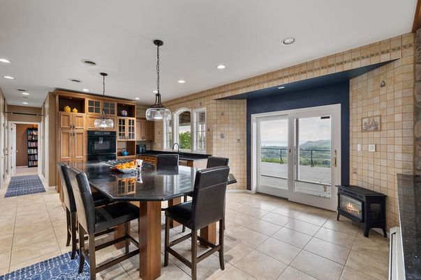 Dining room, Fireplace, Interior, Kitchen, Pendant Lights, Recessed Lighting, Stone Walls