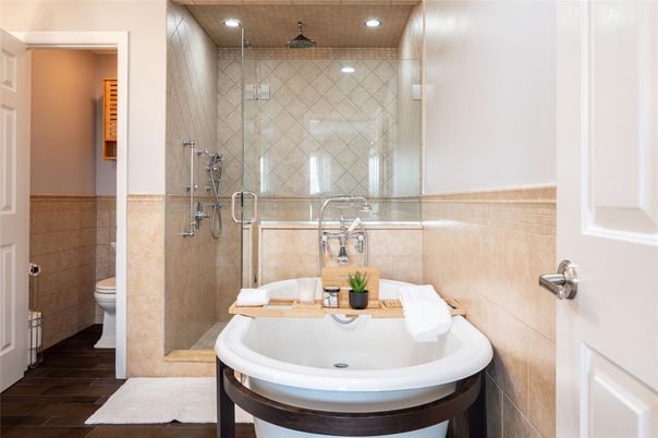 Bathroom, Glass Shower, Interior, Recessed Lighting, Wood Texture Flooring