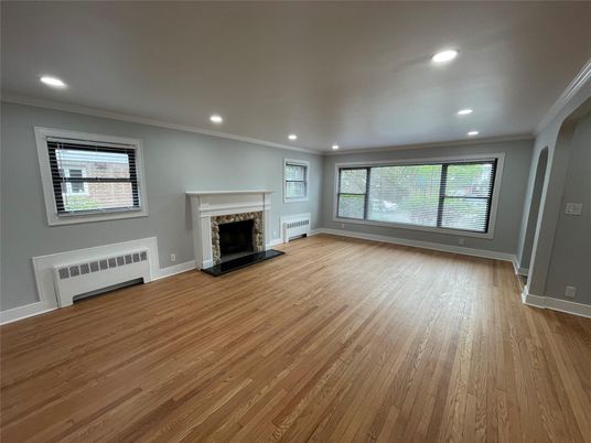 Empty room, Fireplace, Interior, Recessed Lighting, Wood Texture Flooring