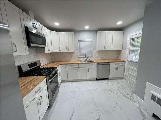 Interior, Kitchen, Marble, Recessed Lighting, Stainless Steel Appliances