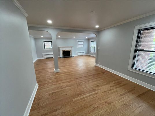 Empty room, Fireplace, Interior, Recessed Lighting, Wood Texture Flooring
