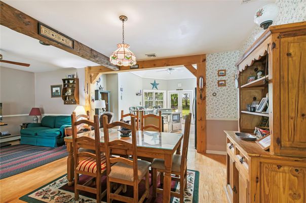 Dining room, Interior, Pendant Lights, Wood Texture Flooring
