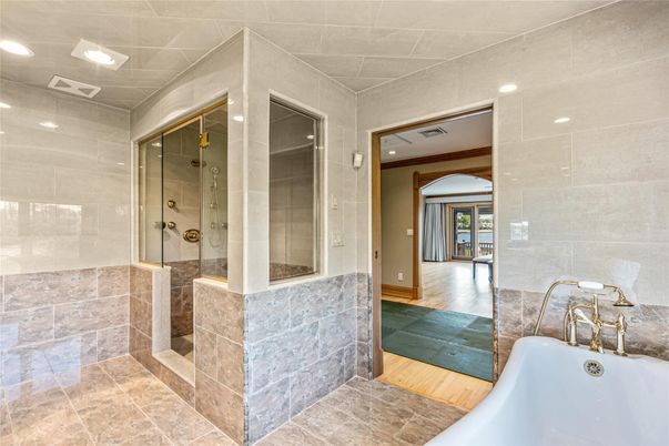Bathroom, Glass Shower, Interior, Recessed Lighting, Wood Texture Flooring