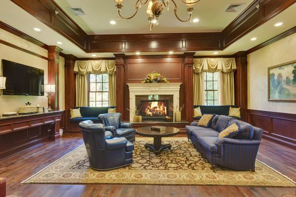 Chandelier, Fireplace, Interior, Living room, Recessed Lighting, Wood Texture Flooring