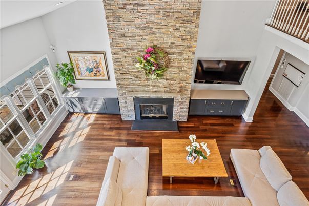 Fireplace, Interior, Living room, Stone Walls, Wood Texture Flooring