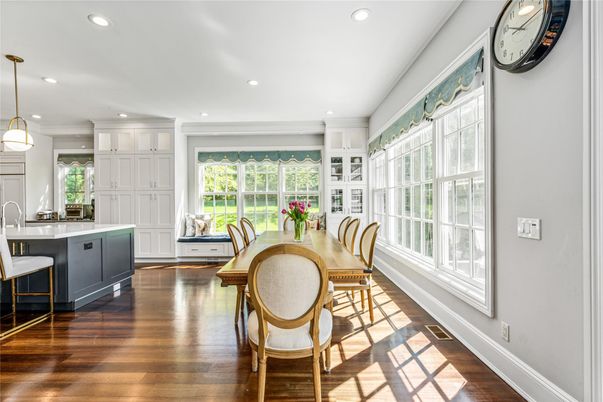 Dining room, Interior, Pendant Lights, Recessed Lighting, Wood Texture Flooring