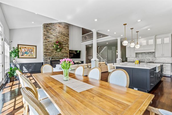 Dining room, Fireplace, Interior, Kitchen, Pendant Lights, Recessed Lighting, Stone Walls, Wood Texture Flooring